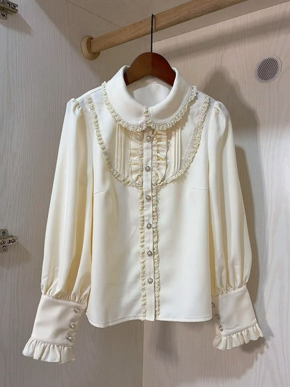 Apricot Rounded Flat Collar Long Sleeves Shirt