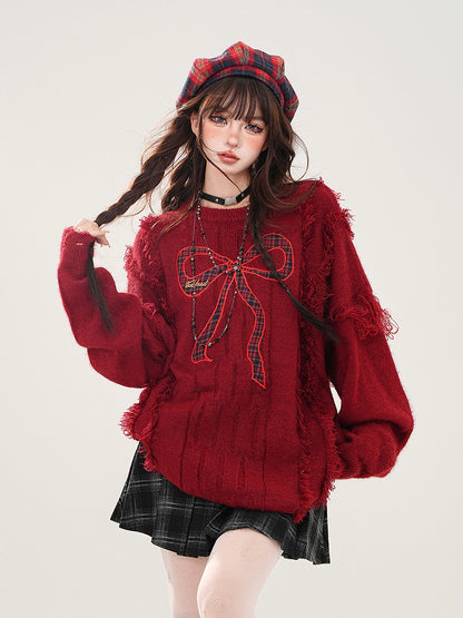Plaid - Distressed Bittersweet Kawaii Bow Red Sweater Embroidery Hem