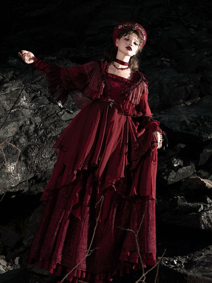 Red Gothic Lolita Ruffle Trim Hooded Top