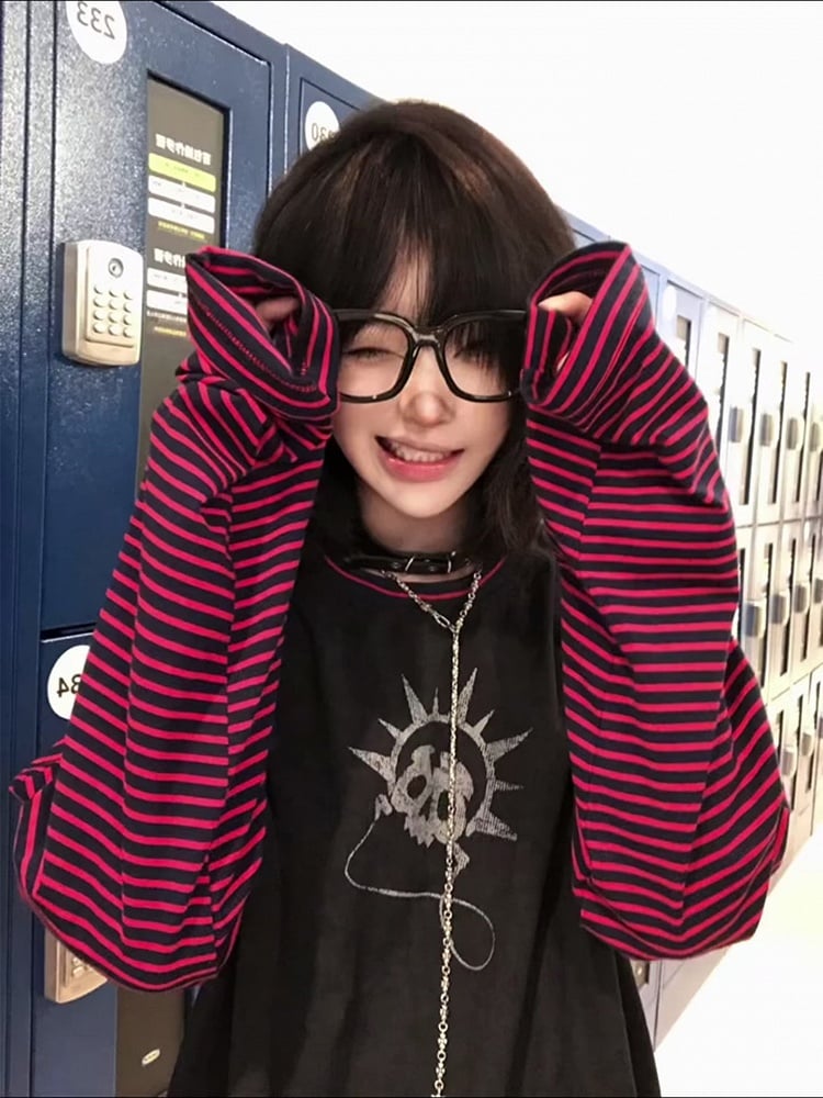 Red Top Y2K Color Print Striped Block Black Skeleton with