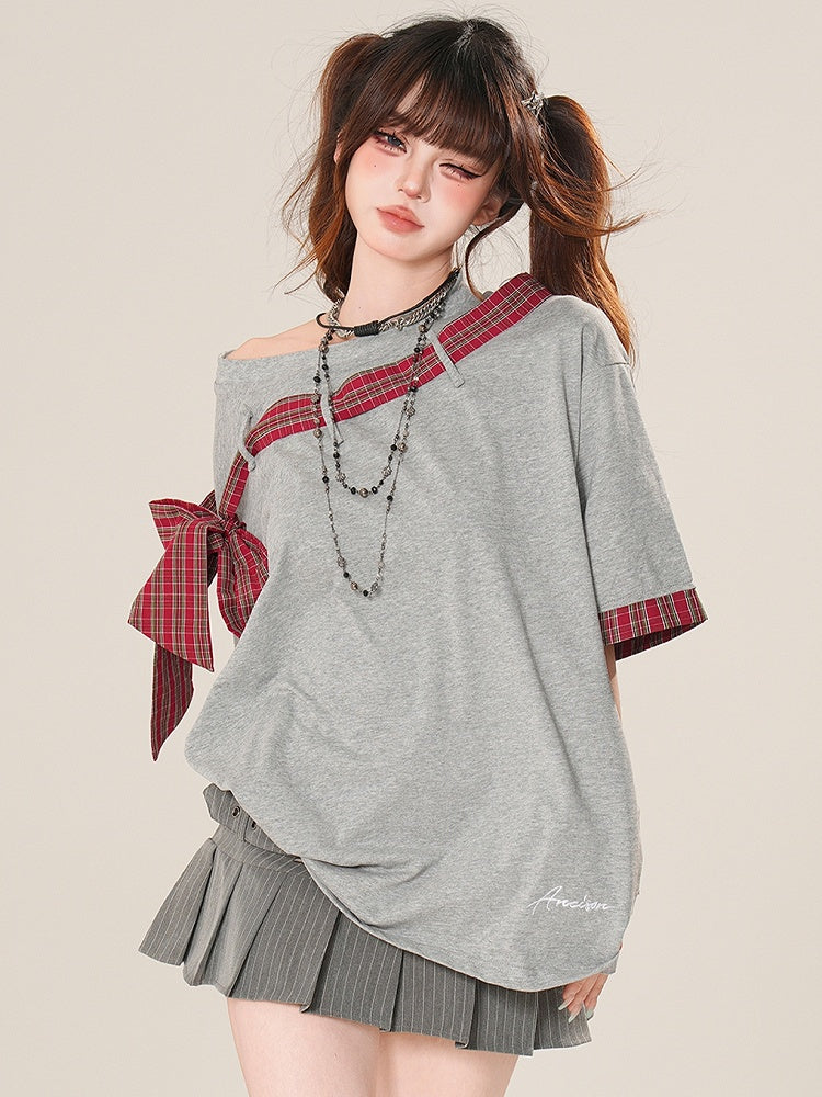 T-shirt Plaid Neckline Pattern Asymmetrical Bowknot Black/Gray