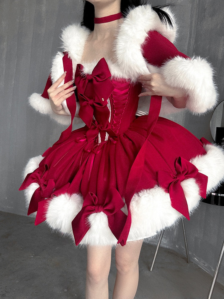 Red Christmas Bows Decorated Plush Neckline and Hemline Boning Dress + Cape Full Set