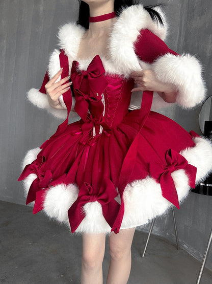 Red Christmas Bows Decorated Plush Neckline and Hemline Boning Dress + Cape Full Set