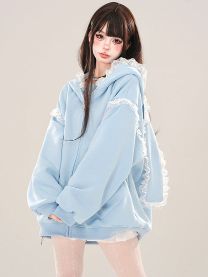 Blau/Apricot – Kapuzenjacke mit Spitzenbesatz und Hasenohren