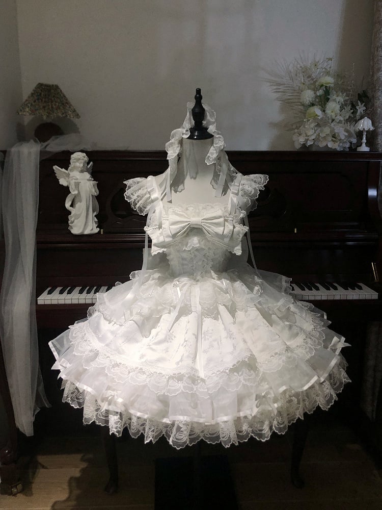 Bow Ruffled Details Lace Embossed Lolita Sweet with Only JSK Jacquard Dress / Princess + White Train