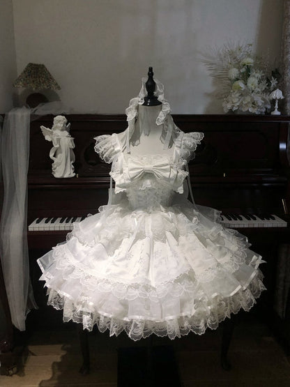 Bow Ruffled Details Lace Embossed Lolita Sweet with Only JSK Jacquard Dress / Princess + White Train