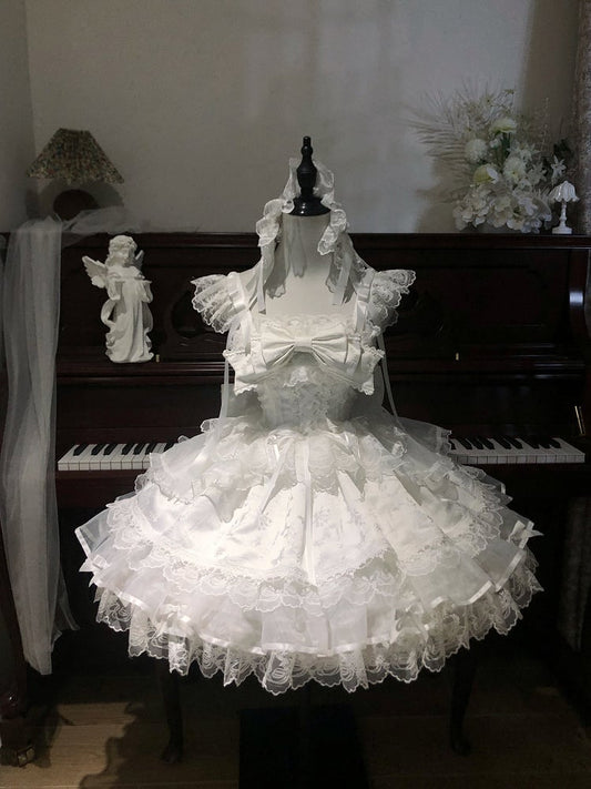 Bow Ruffled Details Lace Embossed Lolita Sweet with Only JSK Jacquard Dress / Princess + White Train
