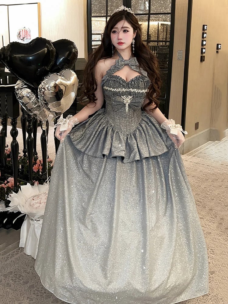 輝くグラデーションシルバーホルターネック スウィートハートネックライントップ + ロングスカート バースデーボールガウン