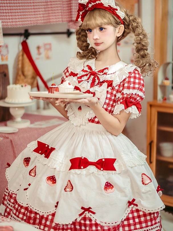 Lolita with Sleeves White Red Puff Dress Gingham Sweet Strawberry Print