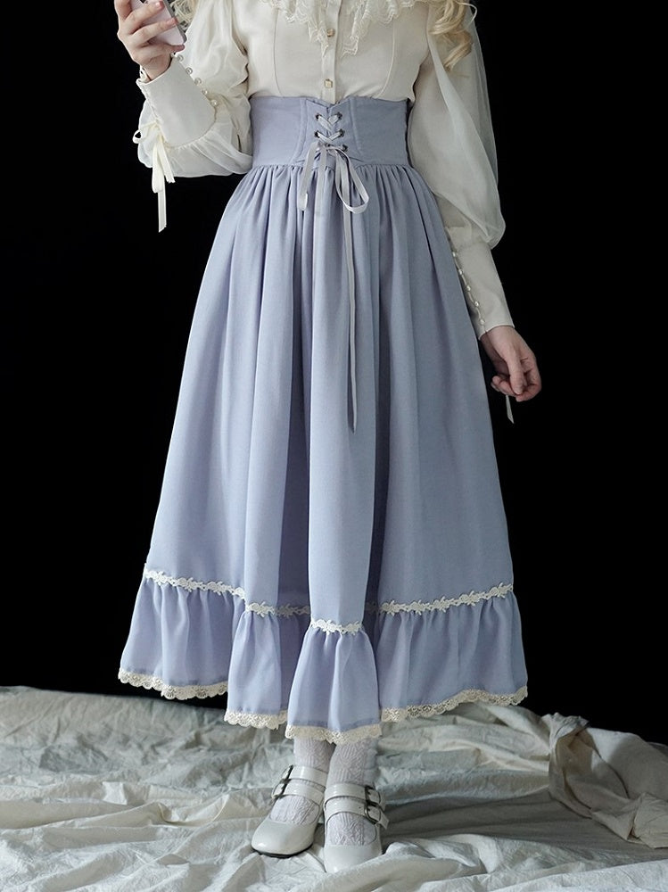 Light Gray Boned High Waist Elegant Classic Lolita Skirt with Lace Trim
