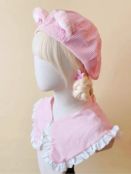 Beret Sweet with Ears Cute Plush Pink Striped Bear