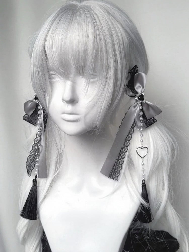 Bow Lace Hair Clip with Heart and Bead Charms - fallen angel