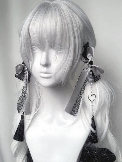 Bow Lace Hair Clip with Heart and Bead Charms - fallen angel