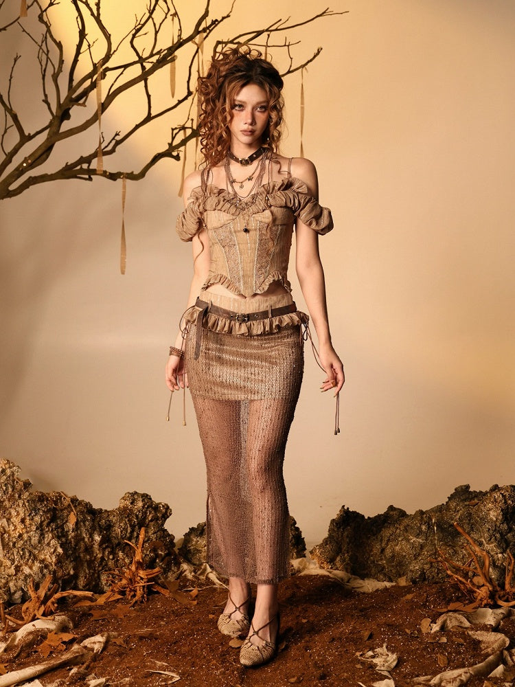 Brown Off-Shoulder Puff Sleeve Blouse with Ruffled Lace - Virtual Orbit