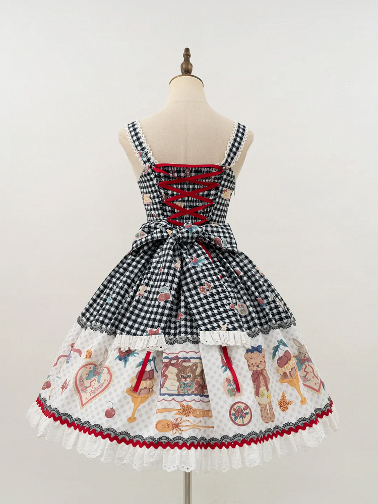 Pattern Gingham Print Skirt Animals Dessert and Black Lolita Jumper Sweet