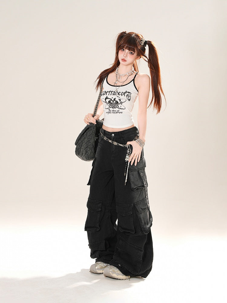 Blau/Schwarze Cargo-Jeans mit weitem Bein und niedriger Taille