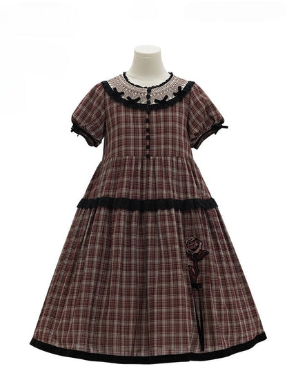 Black Plaid Dress Rose Trim Red Classic Elegant Lolita with Embroidery Short and Sleeves