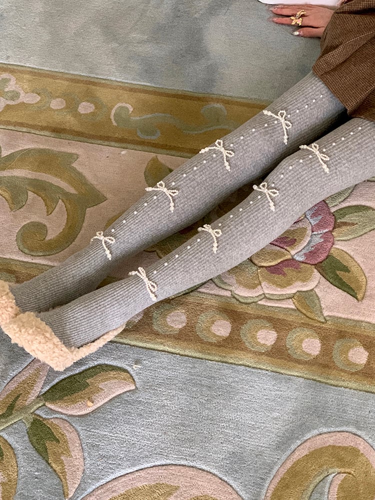 Bowknot Slim-Fit Beaded Tights with Warm Decoration 6 Colors