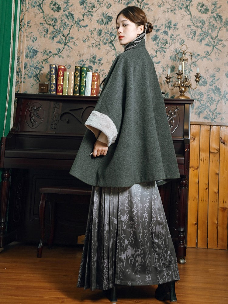 PU Coat + Cuffs with Gothic Collar Faux Cheongsam Fur Buckles Cape Gray