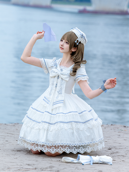 Ivory and Azure Lace Sailor Gown with Stitched Accents - Honey Machine