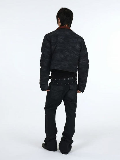 Unisex Punk Distressed Black Stacked Denim with Snake Leather Pockets & Studs - DETW OnLine