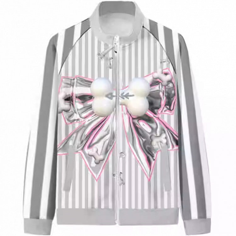 Pattern Striped Fashion Gyaru Gray Jacket Bow Bone Big Print
