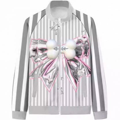 Pattern Striped Fashion Gyaru Gray Jacket Bow Bone Big Print