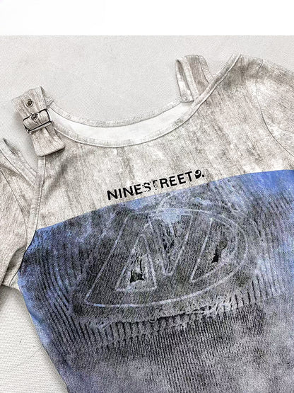 Y2K White Round Neck Cutout Shoulder Asymmetrical Hem Glamorous Top