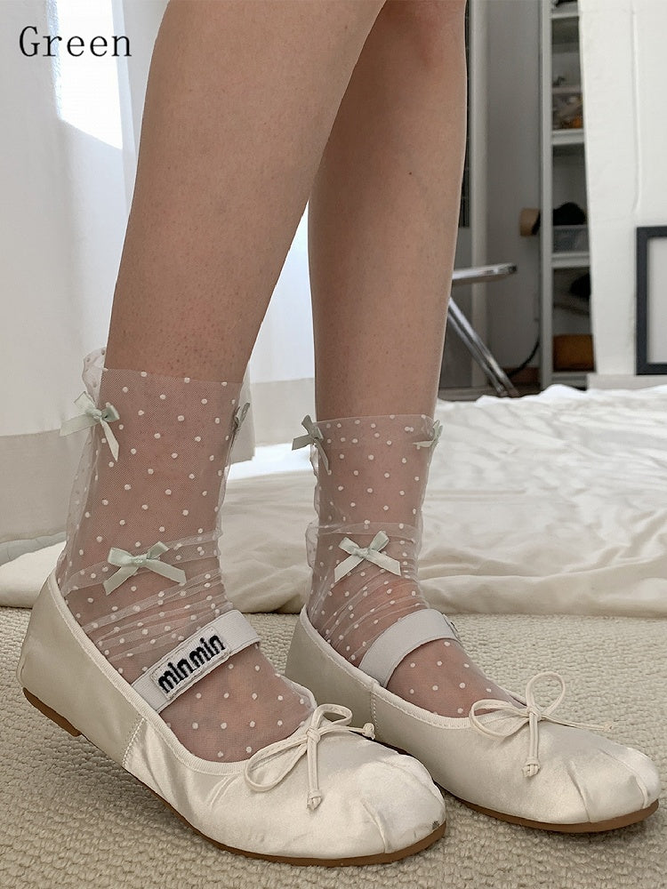 Socks Polka-dot Calf White/Black/Brown/Gray/Purple/Green Bowknot Pattern Details