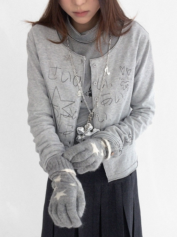 Neck Button Front Print with Cardigan Round - Grey Kawaii Letter Bunny Daily