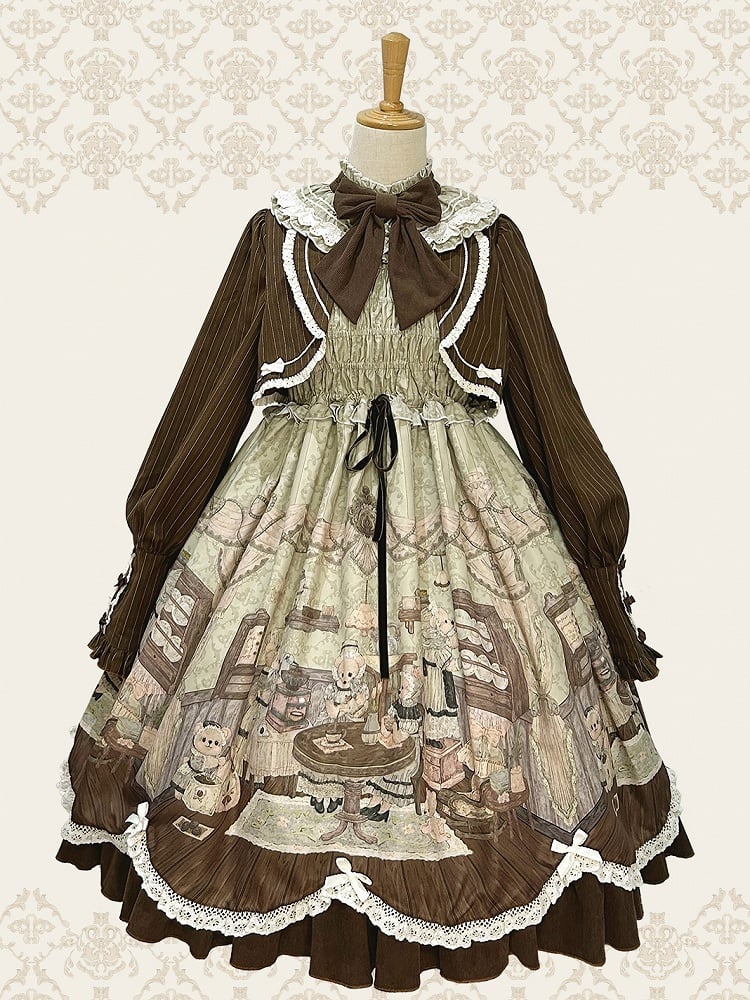 Drucken Lolita Zwei Teddy Haus Stücke Kleid Kaffee Design Lange Grüne Ärmeln