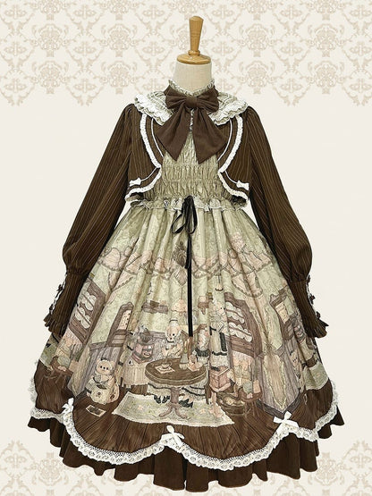 Drucken Lolita Zwei Teddy Haus Stücke Kleid Kaffee Design Lange Grüne Ärmeln