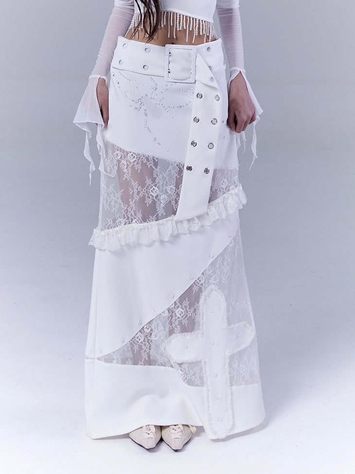 Cross Skirt Belt Waist Lace Patches with White Low Applique Buckle Punk