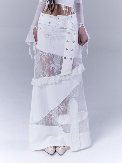 Cross Skirt Belt Waist Lace Patches with White Low Applique Buckle Punk