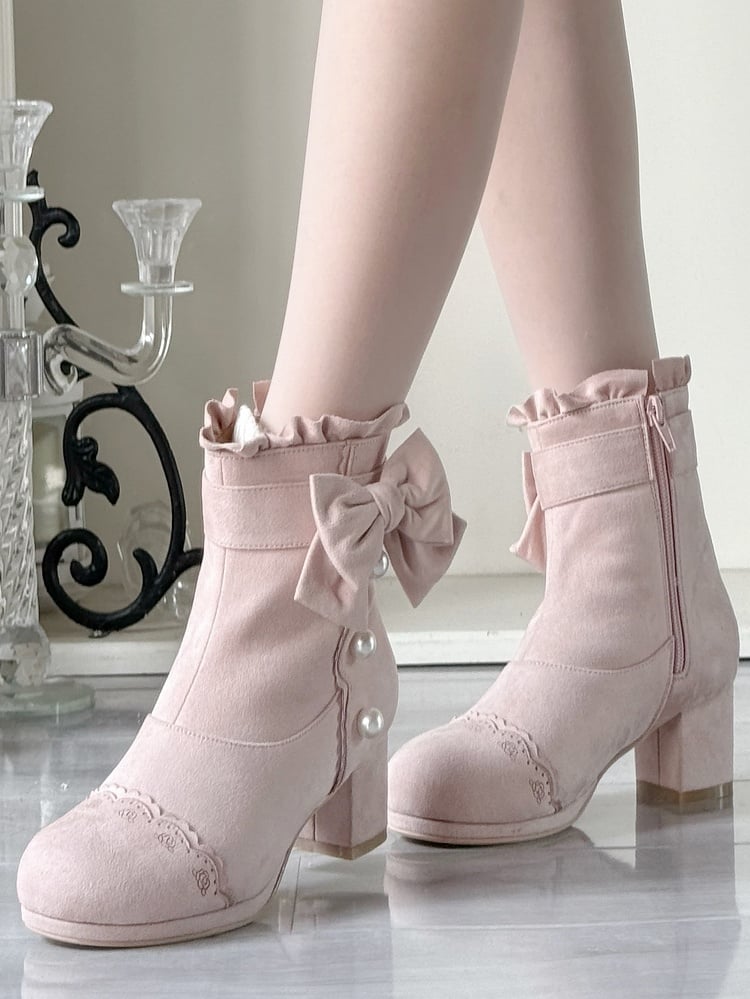 Elegant Lolita Decor Ankle Heel - with Collar Ruffle Mid Pink Boots Bead