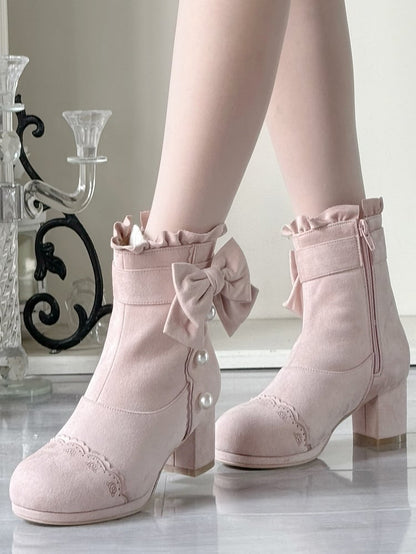 Elegant Lolita Decor Ankle Heel - with Collar Ruffle Mid Pink Boots Bead