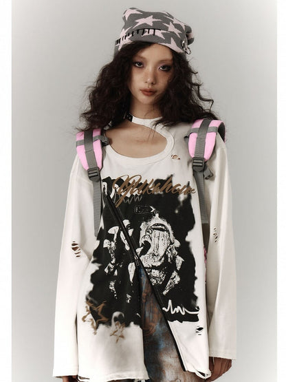 Zipper and Detail White Distressed Top with Cutout Shoulder