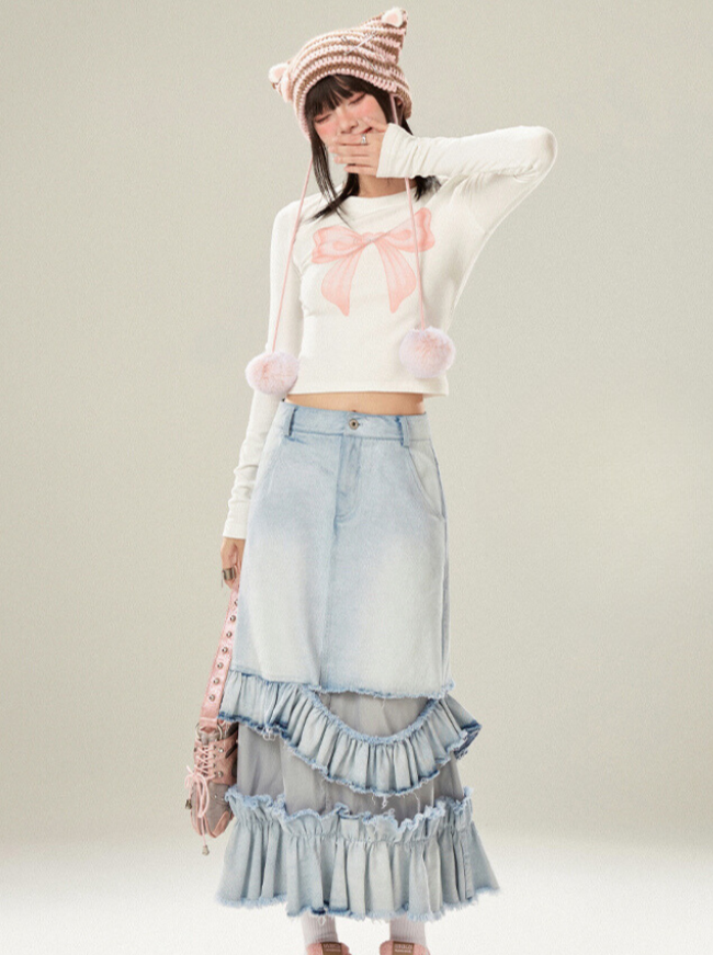 トップス ピンクのリボン スイートショート