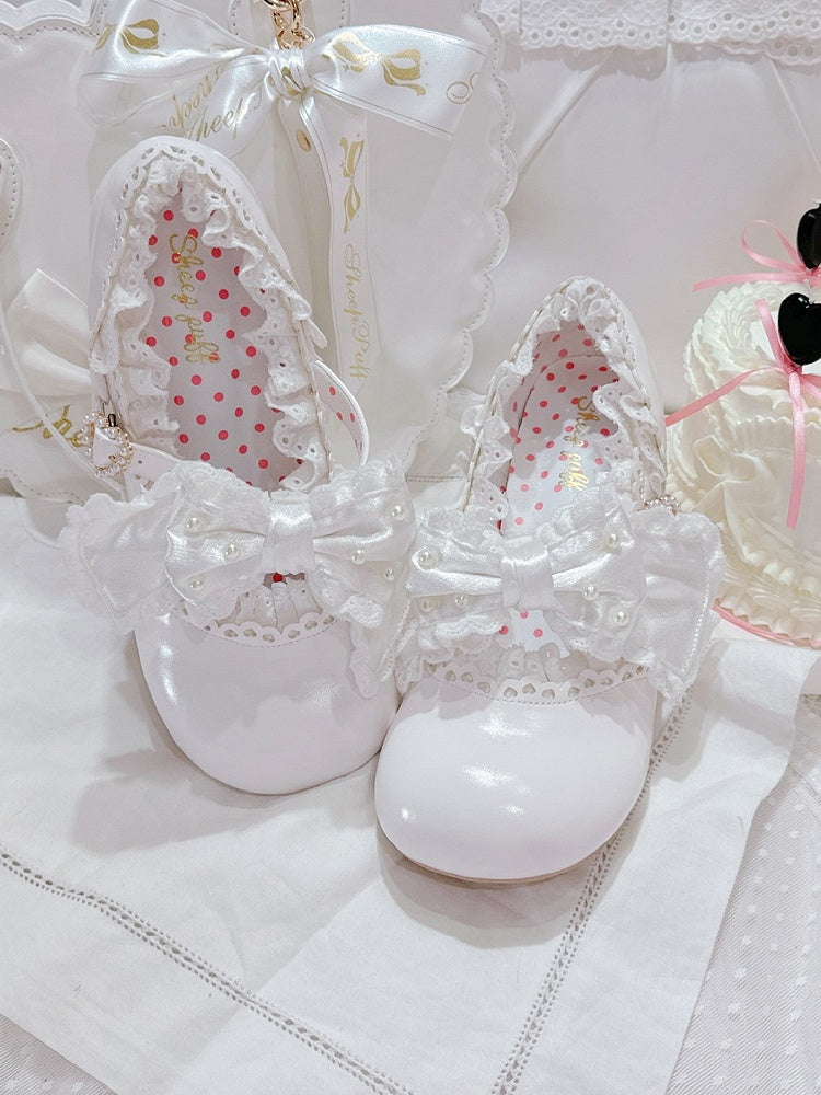 in Bow Sweet with Lace-Trimmed Mid Strap White Beaded Clasp Lolita Heart Heels