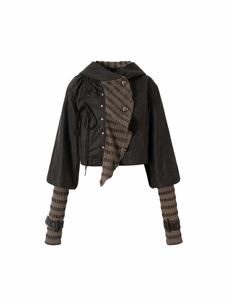 Dark Vintage Knit Jacket Hoodie with Green Paneling Suede