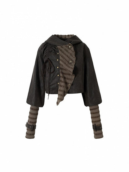 Dark Vintage Knit Jacket Hoodie with Green Paneling Suede