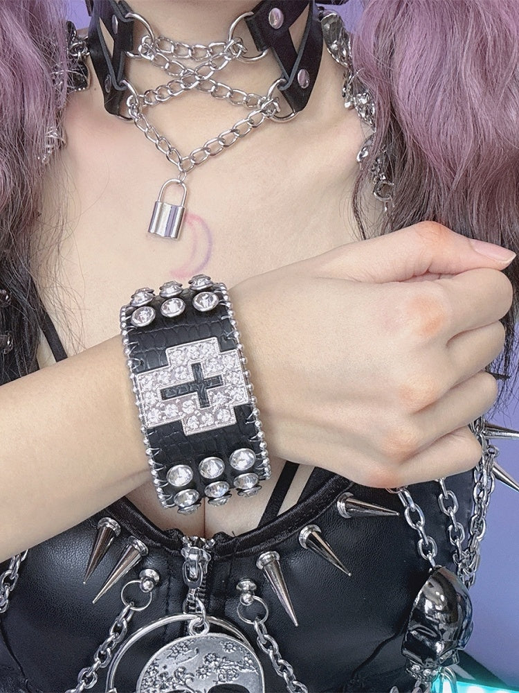 Red/Black/Silver Wristband Y2K Rhinestone Bracelet Decorated Cross Design