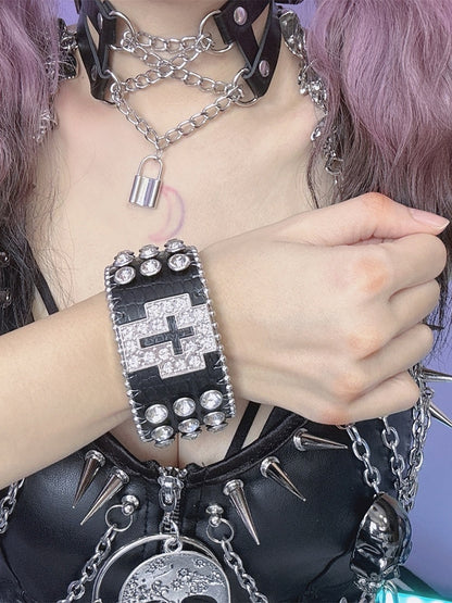 Red/Black/Silver Wristband Y2K Rhinestone Bracelet Decorated Cross Design