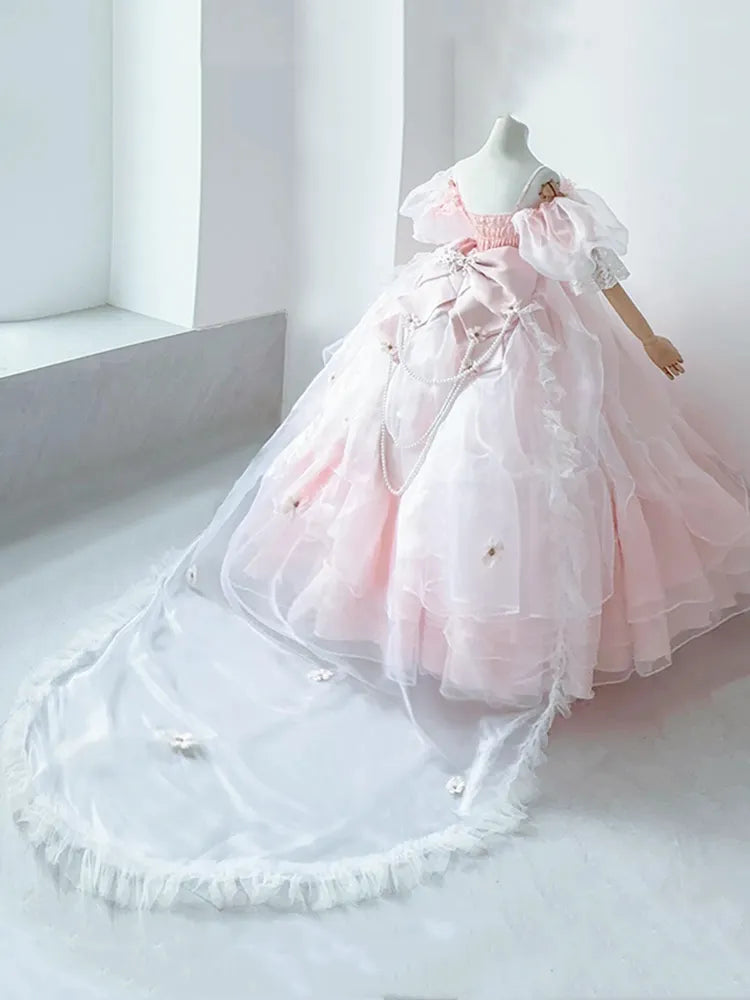 White Big Chain Bead Bow Pink Long Flower Train