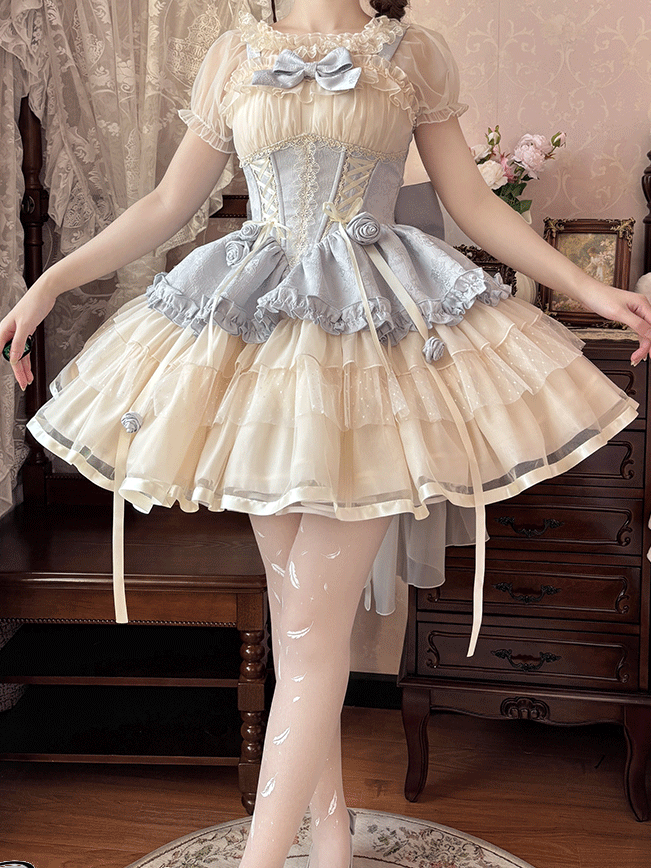 Beige Korsett Taille Big JSK Schnürung Sweet Lolita Balletcore Kleid Zug Schleife und mit Blau