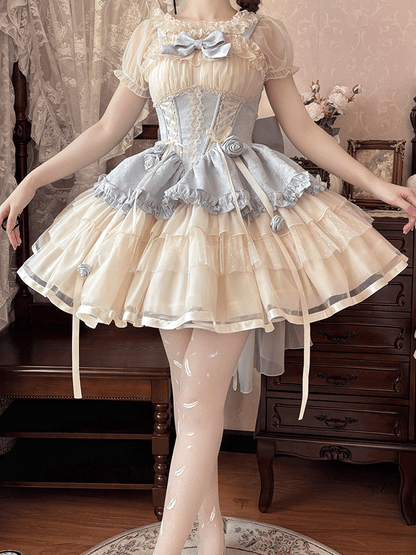 Beige Korsett Taille Big JSK Schnürung Sweet Lolita Balletcore Kleid Zug Schleife und mit Blau