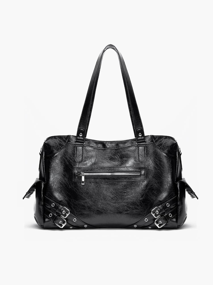 Bag Capacity Studded Tote With Strap AccentsLarge Black Buckle