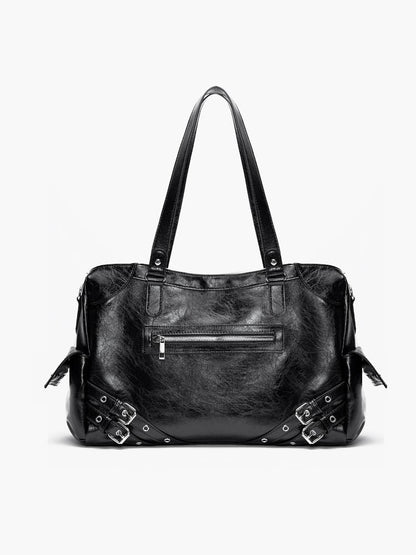 Bag Capacity Studded Tote With Strap AccentsLarge Black Buckle