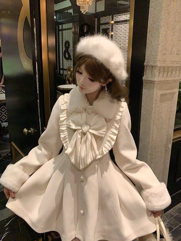 Beige Dress - Fur Pure in Bow Plush Oversized Coat Trim Wool Kei Polished Jirai