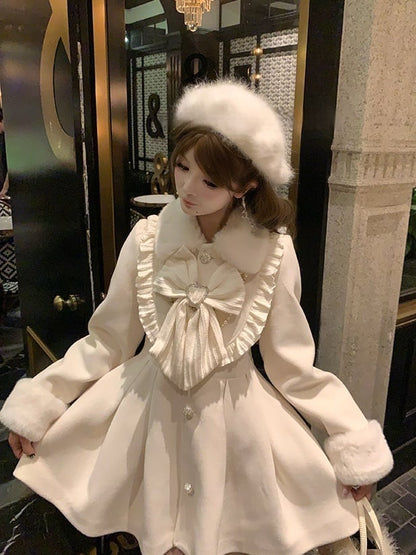 Beige Dress - Fur Pure in Bow Plush Oversized Coat Trim Wool Kei Polished Jirai